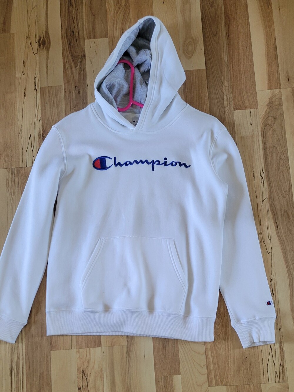 Champion White Hoodie with Blue Script Logo